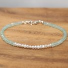Freshwater Pearl & Aqua Chalcedony Rondelle 3mm Smooth & Faceted beads stacking bracelet | STK-2924