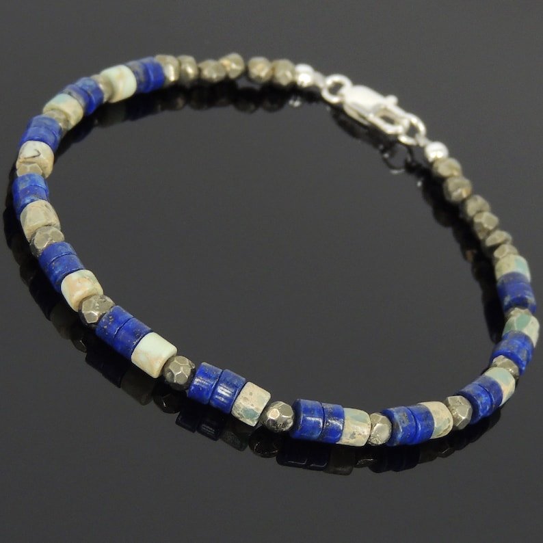 Lapis Lazuli, Pyrite & Jasper Round & Tyre 3-4mm Faceted & Smooth beads bracelet | STK-4358
