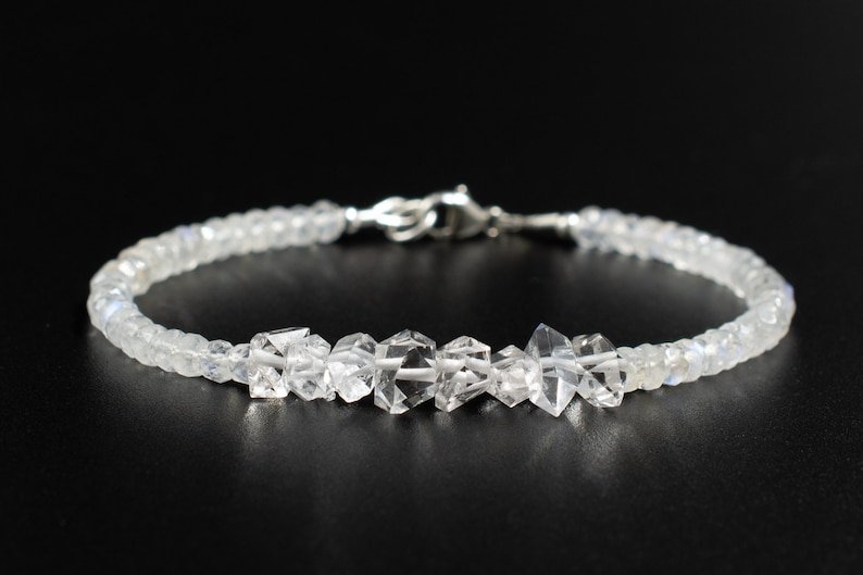 Rainbow Moonstone & Herkimer Diamond Round & Fancy 3-6x4mm Faceted beads bracelet | STK-5261