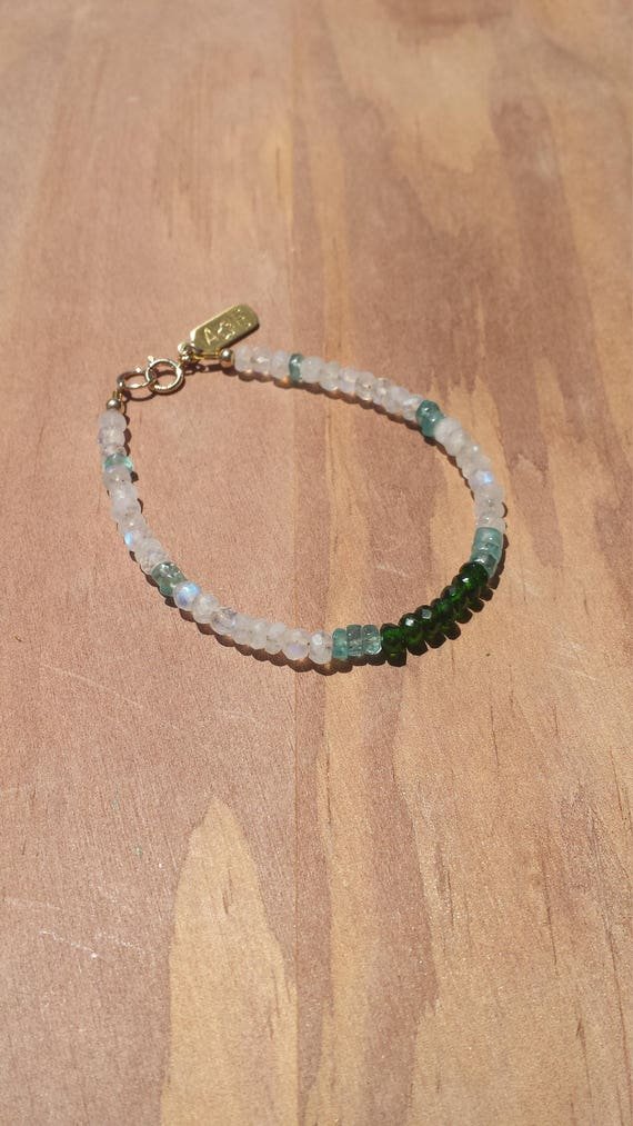 Rainbow Moonstone, Chrome Diopside & Apatite Rondelle 3-4mm Faceted beads bracelet | STK-5285