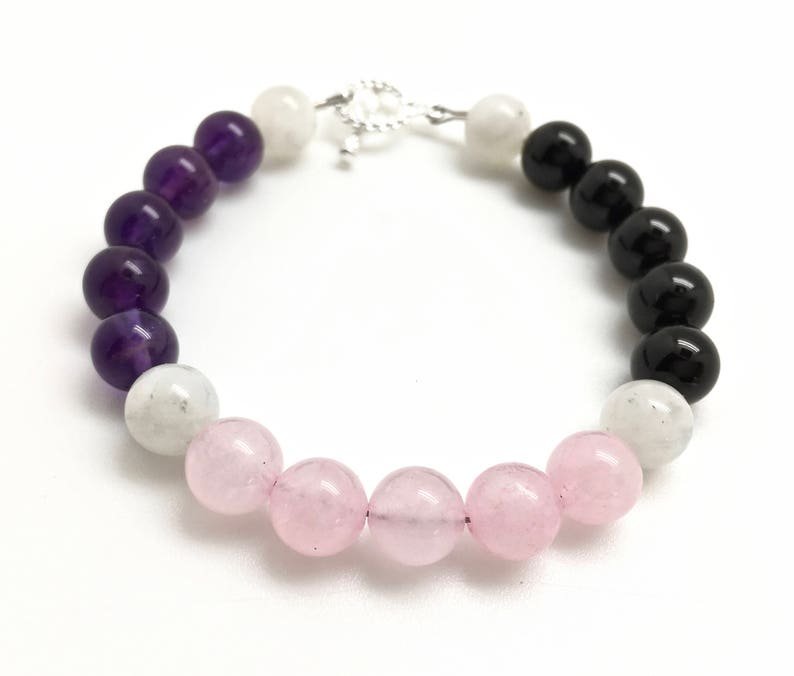 Amethyst, Moonstone, Black Tourmaline & Rose Quartz Round 8mm Smooth beads bracelet | STK-0513