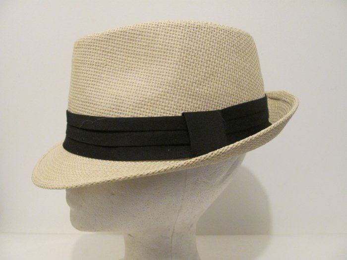 Men Women Stingy Brim Natural Black Band Straw Fedora Hat Cap S/M