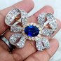 Victorian Inspired 925 Sterling Silver Cubic Zircon Blue Sapphire Bow Brooch