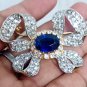 Victorian Inspired 925 Sterling Silver Cubic Zircon Blue Sapphire Bow Brooch