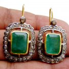 1.10ct Vintage Look  Rosecut Diamond Sterling Silver Emerald Dangle Earrings