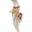 Cubic Zircon 925 Sterling Silver Ruby Emerald Bird Brooch Gift For Her