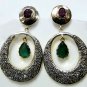 Antique 0.42ct Rosecut Diamond Sterling Silver Emerald Ruby Dangle Earrings