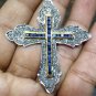 1.69 Rose Cut Diamond 925 Silver Blue Sapphire CROSS Pendant Unisex Pendant