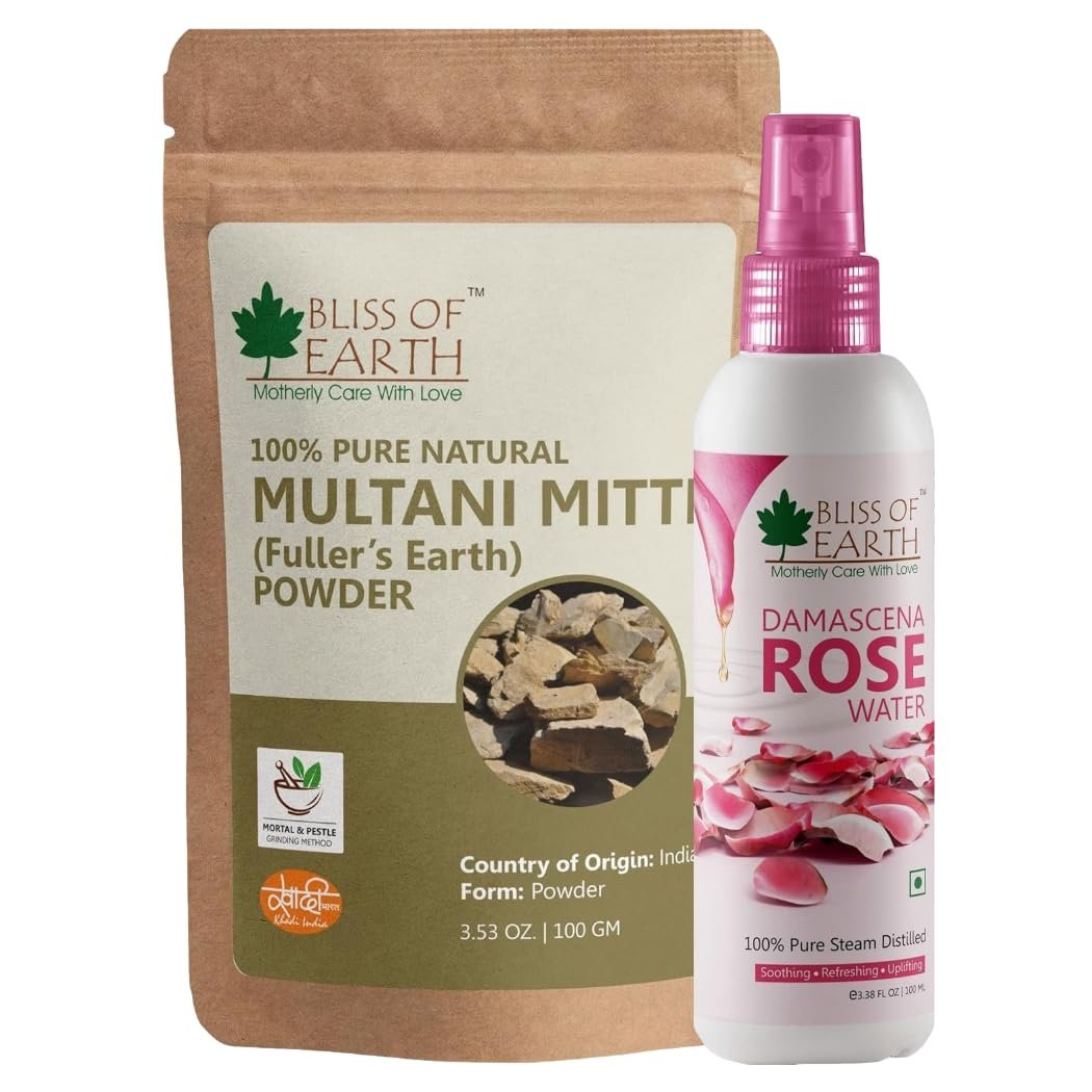 Multani Mitti Fine Powder 100gm with 100ml Rose Water Face Mask for Pimple, Acne, Smooth Skin 100 gm