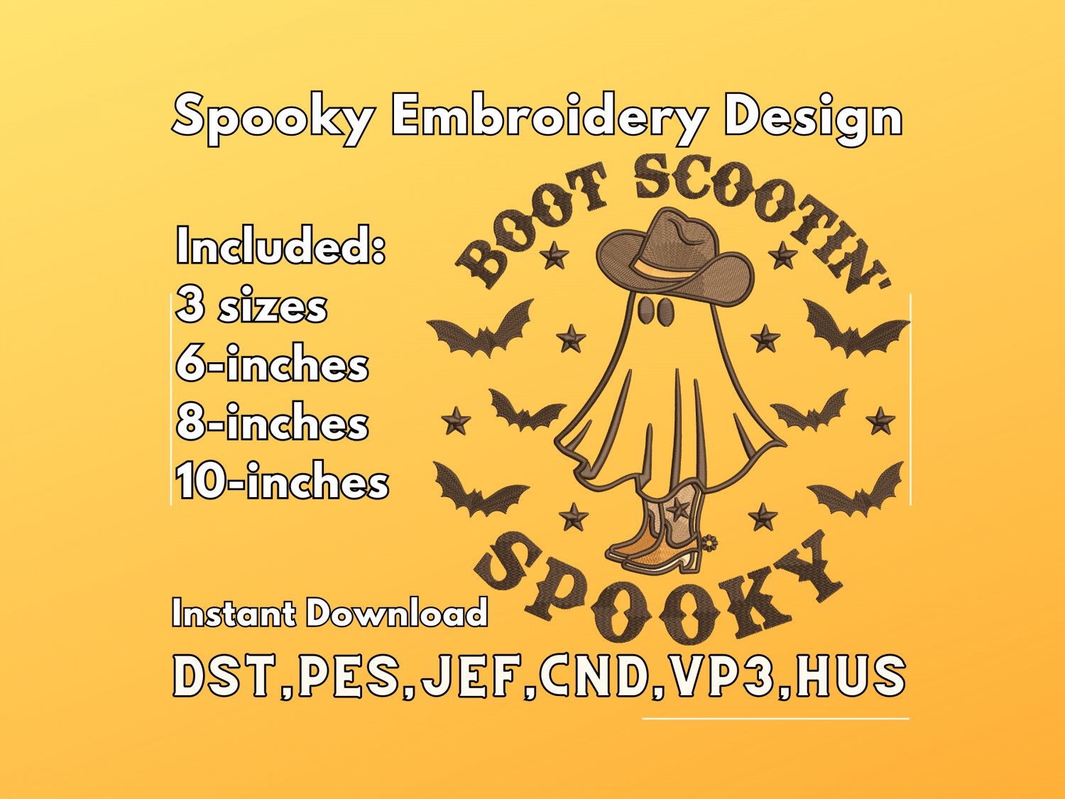 Get Spookily Stylish: Boot Scootin' Embroidery Design in 3 Sizes!