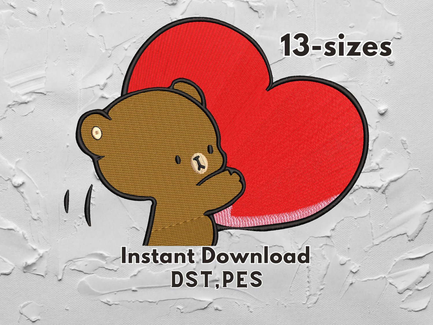Bear with heart embroidery design digitized in wilcom dst and pes files for machines in 13 sizes