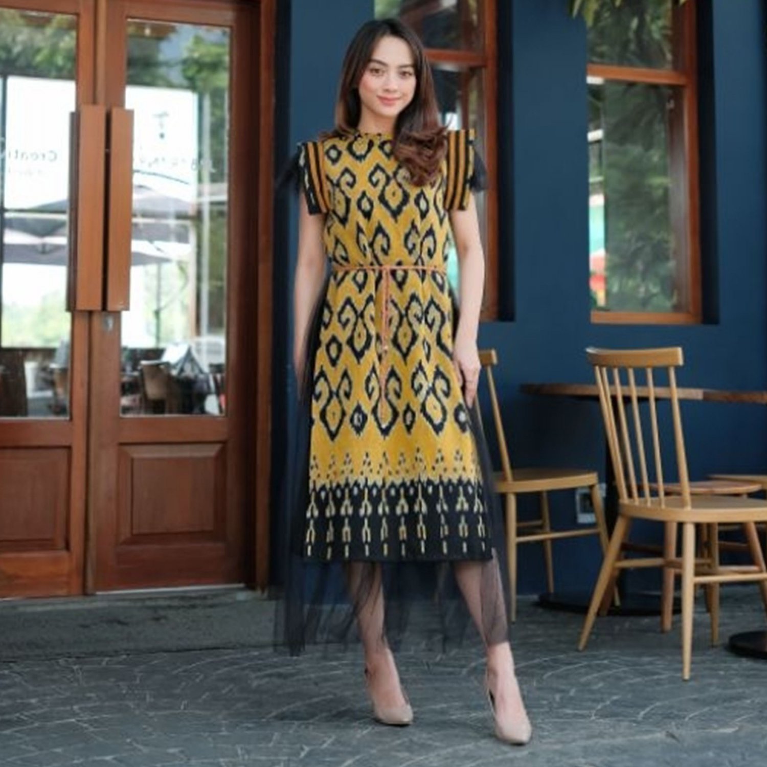 Modern and Contemporary Women's Batik Dress Kondangan Premium Batik Woven Faza,Batik Dress Yellow