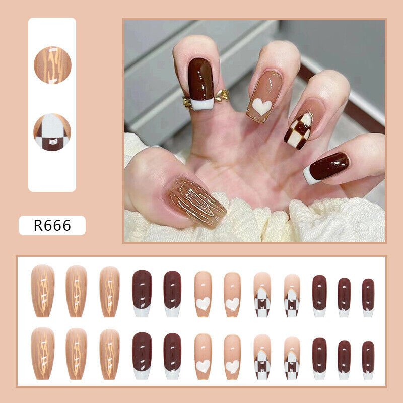 24Pcs Fake False  Nails with Designs Press Full Cover #R666