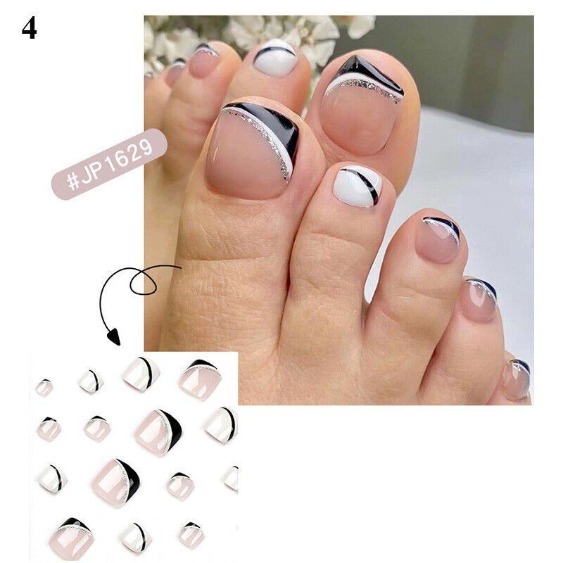 24Pcs Press On Toe False Nails Black Line Glitter Model #04
