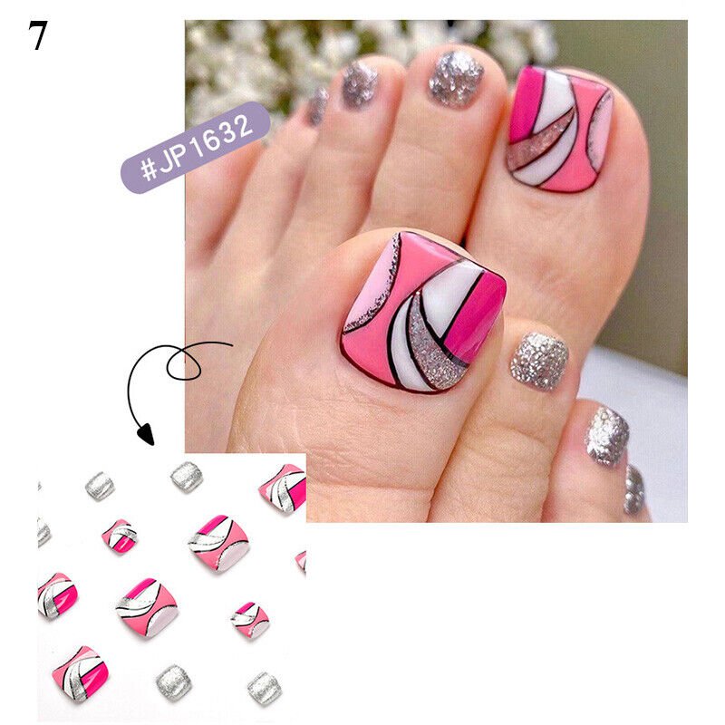 24Pcs Press On Toe False Nails Black Line Glitter Model #07