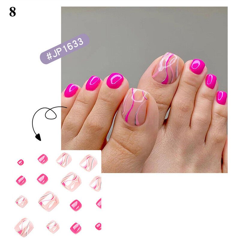 24Pcs Press On Toe False Nails Black Line Glitter Model #08