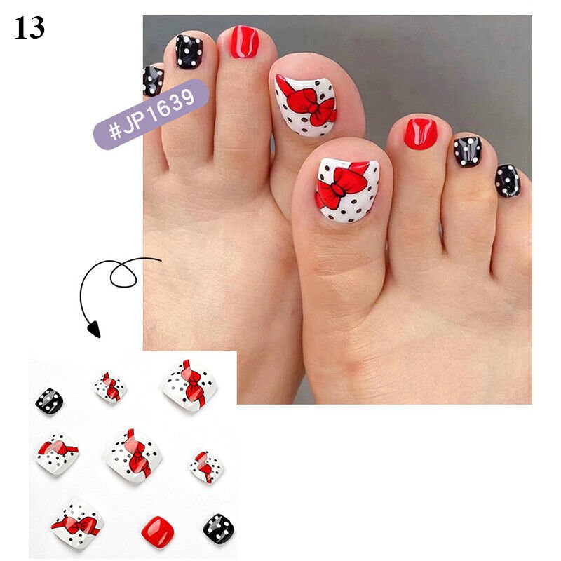 24Pcs Press On Toe False Nails Black Line Glitter Model #13