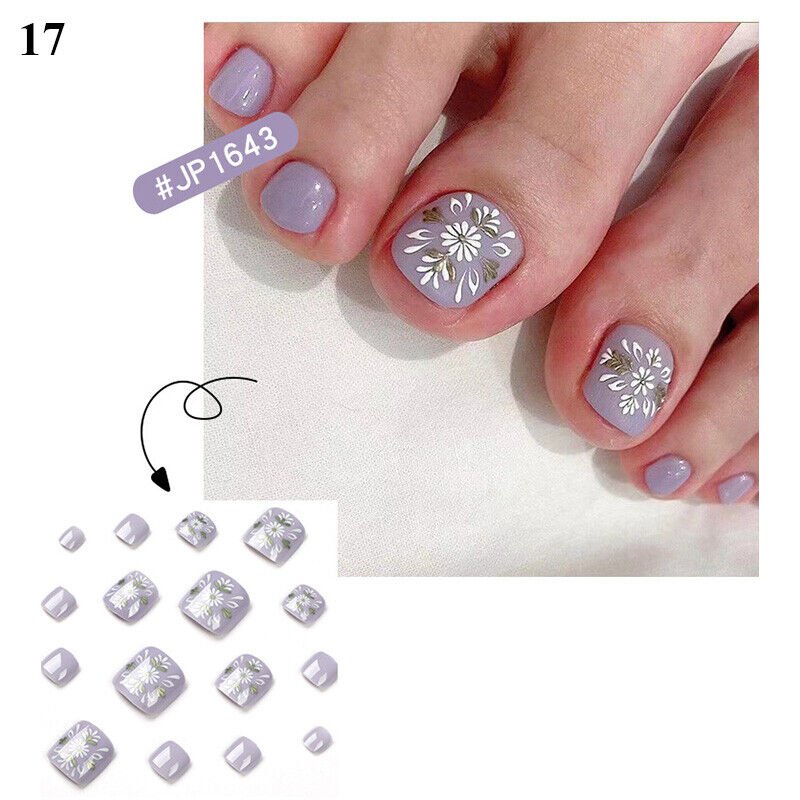 24Pcs Press On Toe False Nails Black Line Glitter Model #17
