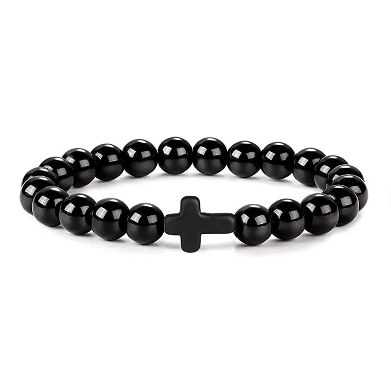 Prayer Men Natural Stone Wood Beads Rosary Hematite Cross Bracelets ...