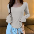 Women's New Irregular Long Sleeve T Shirt Slim Casual O-Neck Pullovers T Shirt White