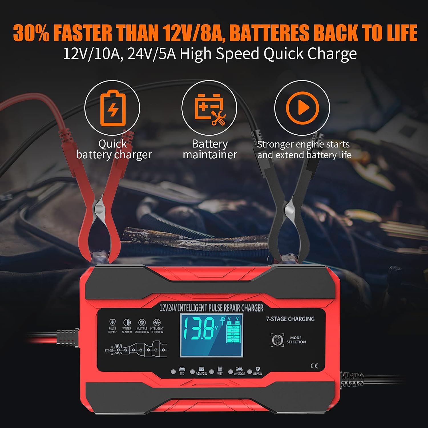 10-Amp 12V and 24V Fully-Automatic Smart Car Battery Charger