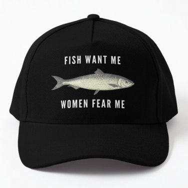 Fish Want Me Fear Me White Text Baseball Cap Hat Printed Black Czapka