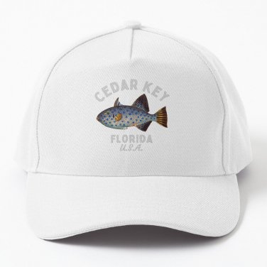 Retro Fish Cedar Key Florida- Silver Text- Island Baseball Cap Casquette Hats Hat Hat