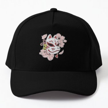 Japanese Kitsune Mask And Sakura Flower Baseball Cap Hat Printed Czapka Hip Hop Sun