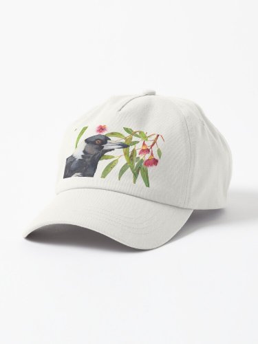 Australian Magpie and eucalyptus blossoms watercolour painting Cap