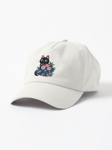 Black cat in Prink Roses  Cap