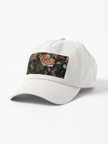 Black Sepia Vintage Pattern With Roses And Raspberries Botanical Night Garden Cap