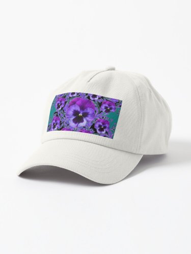 BLACK-PURPLE GARDEN PANSIES PATTERNS TEAL ART Cap
