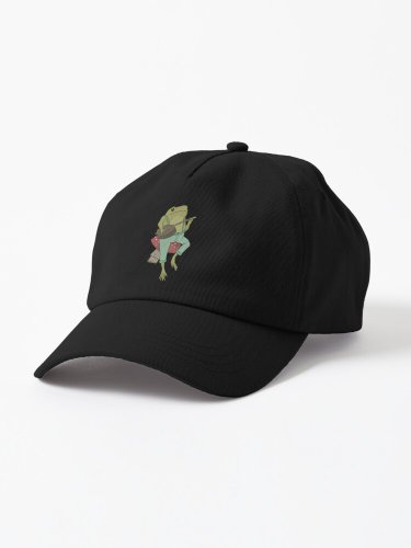 Cottagecore Emo Froggy Banjo Player Goblincore Toad in Farmer Costume on Mushroom Toadstool Cap