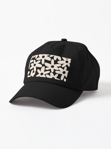 Daisy Time Black and Almond Cream Retro Scandinavian Floral Pattern Cap