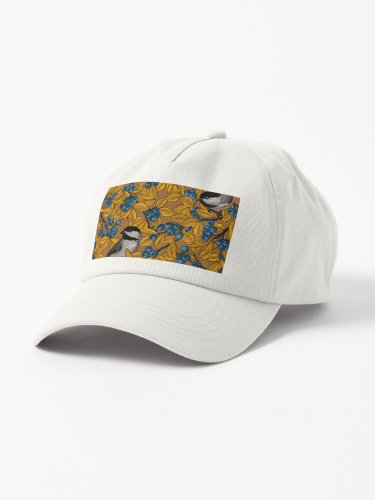 Chickadee birds on blueberry branches Cap