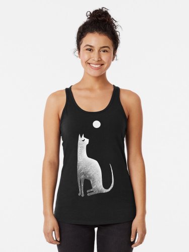 Ghost Cat And Moon In Black And White Racerback Tank Top