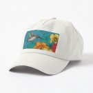 Hummingbirds and tropical bouquet on blue Cap