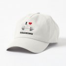 I LOVE  HEART TRAINING, Black Lettering Red Heart Barbell Design Cap