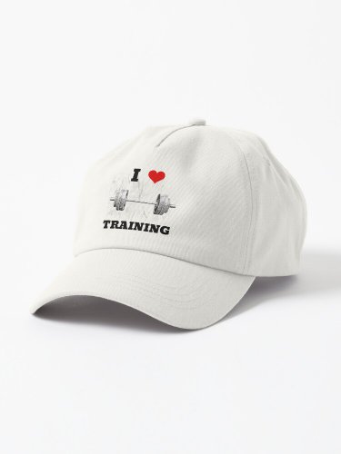 I LOVE  HEART TRAINING, Black Lettering Red Heart Barbell Design Cap