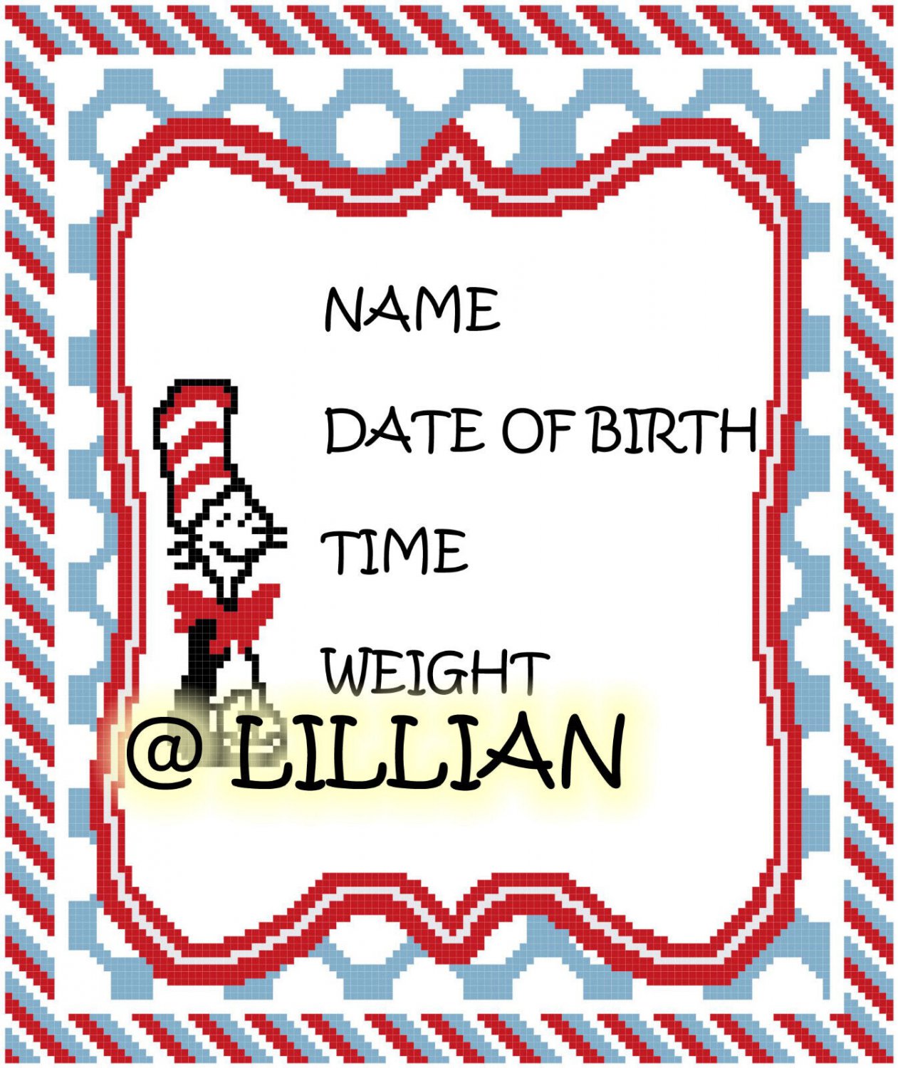 new DR SEUSS CAT BIRTH ANNOUNCEMENT SAMPLER Counted Cross Stitch PATTERN Chart