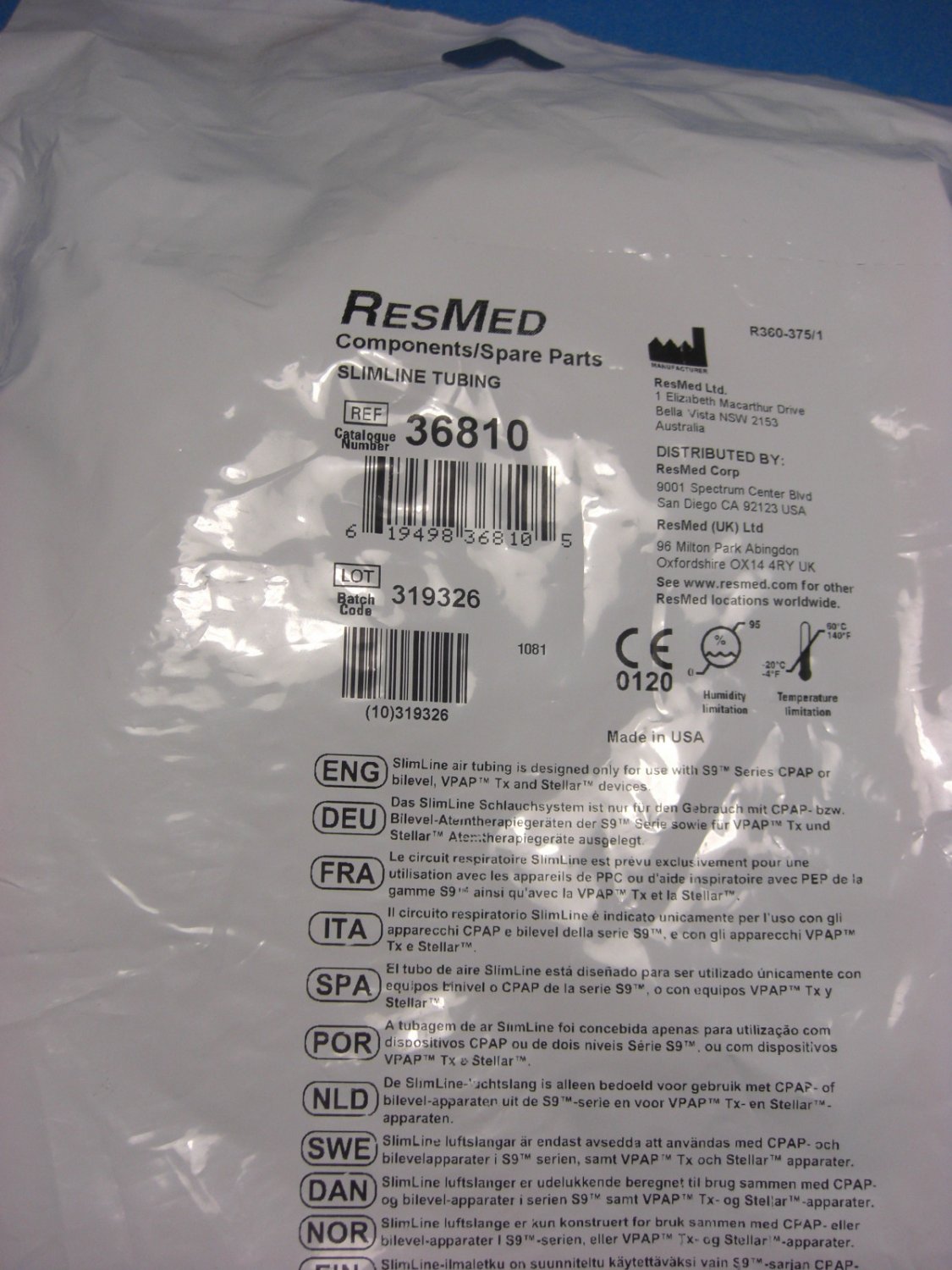 NEW ResMed CPAP Accessory: Slimline Tubing Clear/Gray 36810