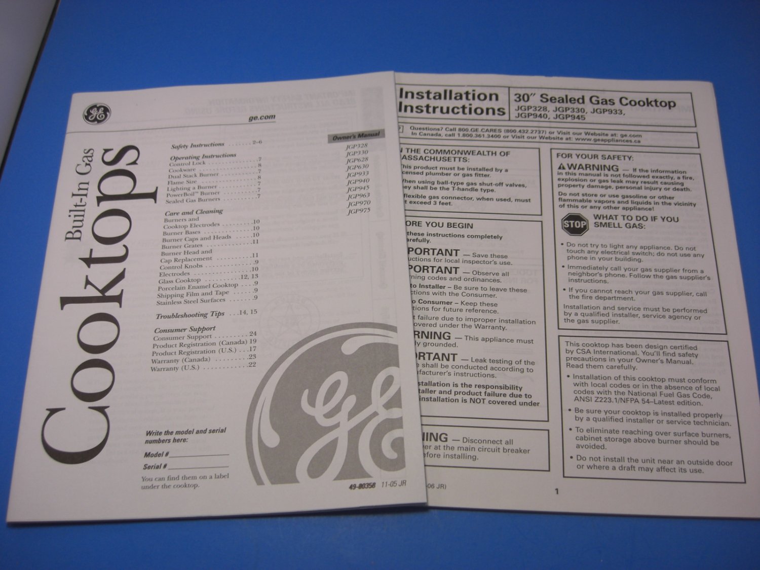 G E 30" Sealed Gas Cooktop Instruction Manual + Installation Booklet