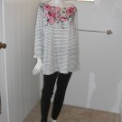 KAREN SCOTT Woman Pink Flowers/Black Stripes 3/4 Sleeves Stretch Knit Top Sz 2X