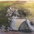 Teapot with Daisies Signed Mixed Media Watercolor Painting