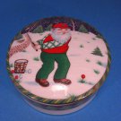 Santa's Tee Time Mikasa Round Covered Trinket Box Snow Golf Holly Gold