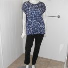 Chaus Womans Blouse Top Med. Semi Sheer Cap Sleeves Blue White Print