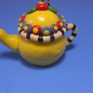 Mary Engelbreit Teapot Ornament Yellow & Multicolor Stamped ME 3" Ribbon Hanger