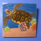 Sea Turtle Swimming in Coral-Seaweed Coastal 4X4 Ceramic Tile Scene