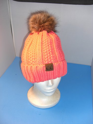C.C. Beanie Hat One Size Fits All Salmon Pom Pom Knit Warm Winter Ski Cap