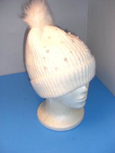 Women's Beanie Hat Pom Pom White Pearl Studs Knit Warm U.S. Polo Assn.